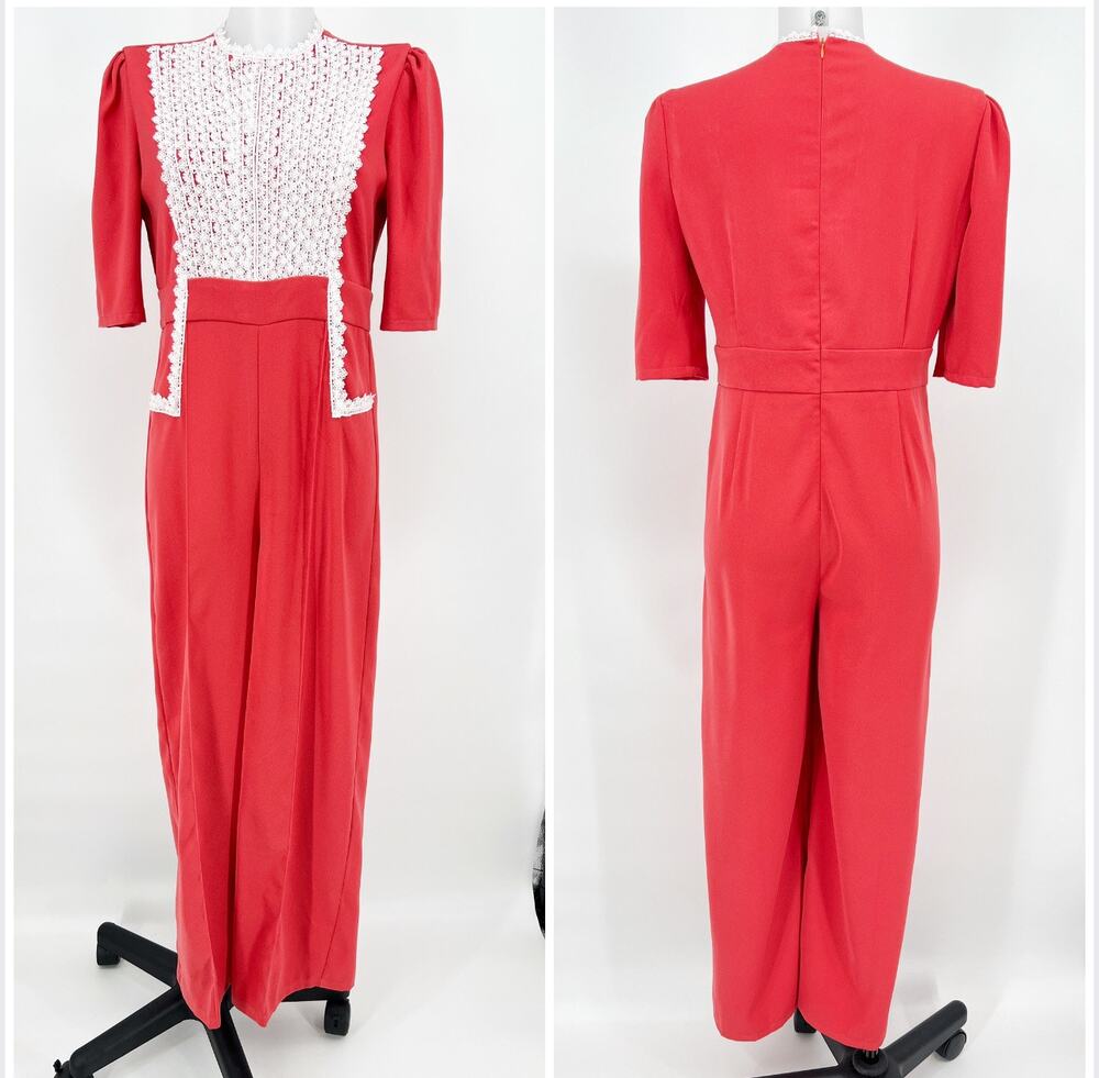 Vintage Jumpsuit 60s 70s Hand Made Wide Leg Womens Mediium Coral Red White Lace